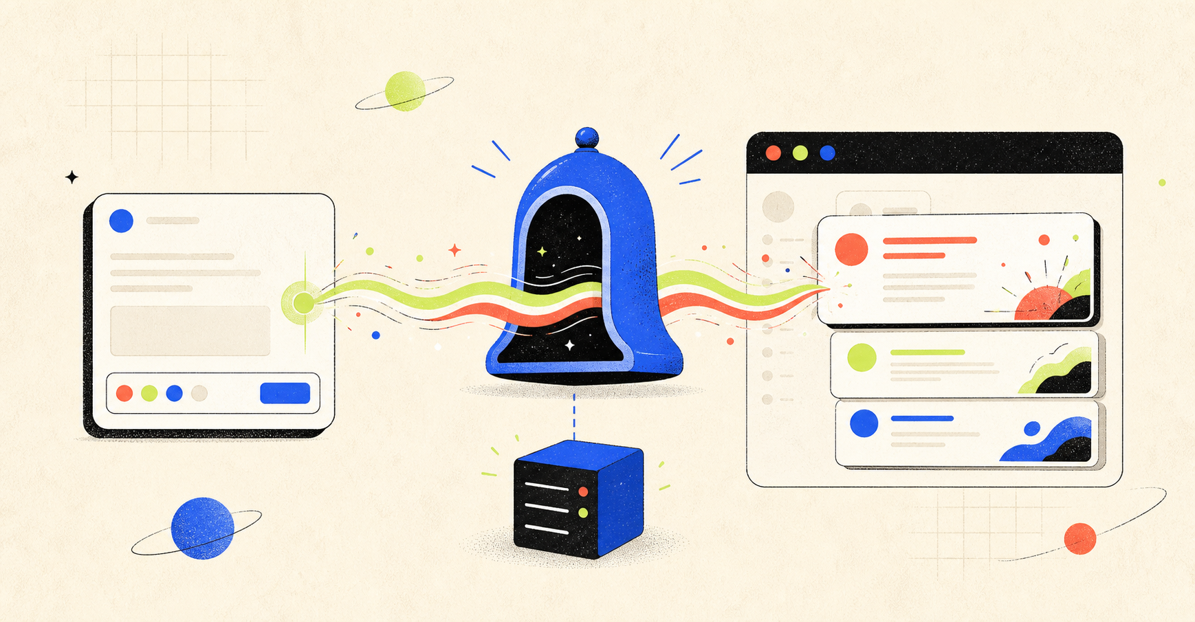 An illustrated editor, bell signal, server, and in-app announcement feed